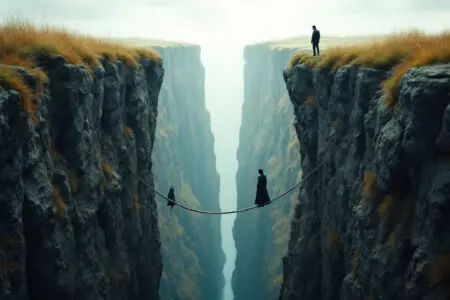 a symbolic image of a man watching a woman across a delicate rope bridge over a ravine representing why do men test women by observing their reactions