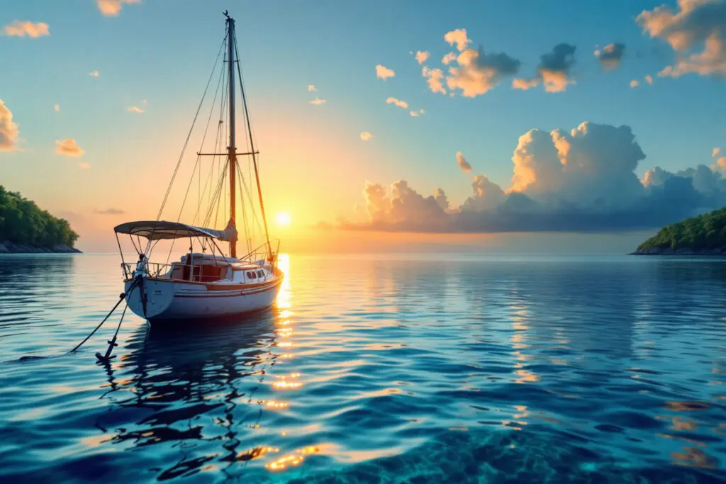 a symbolic image of a sailboat dropping anchor in a calm harbor at sunset representing what makes a man commit to a final destination