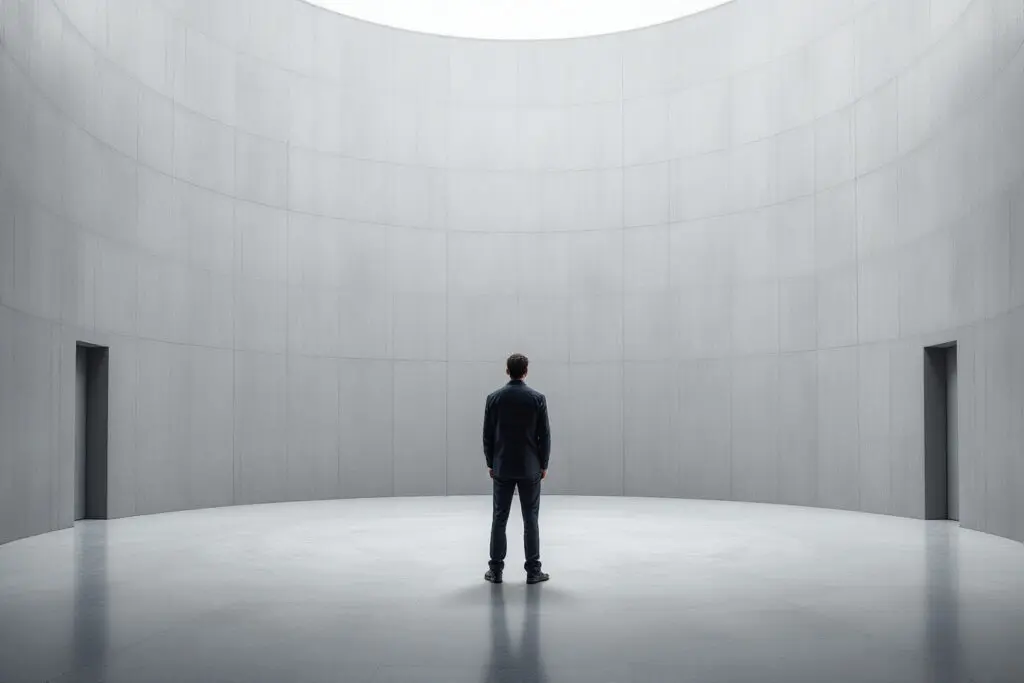 a symbolic image of emotionally unavailable men showing a man standing in a vast featureless concrete room with no visible entry or exit - Dating Man Secrets - Psychology Attraction Tips Revealed a symbolic image of emotionally unavailable men showing a man standing in a vast featureless concrete room with no visible entry or exit