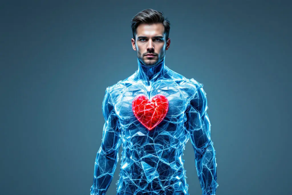 a symbolic image of emotionally unavailable men showing a man with his heart and torso encased in a block of clear ice