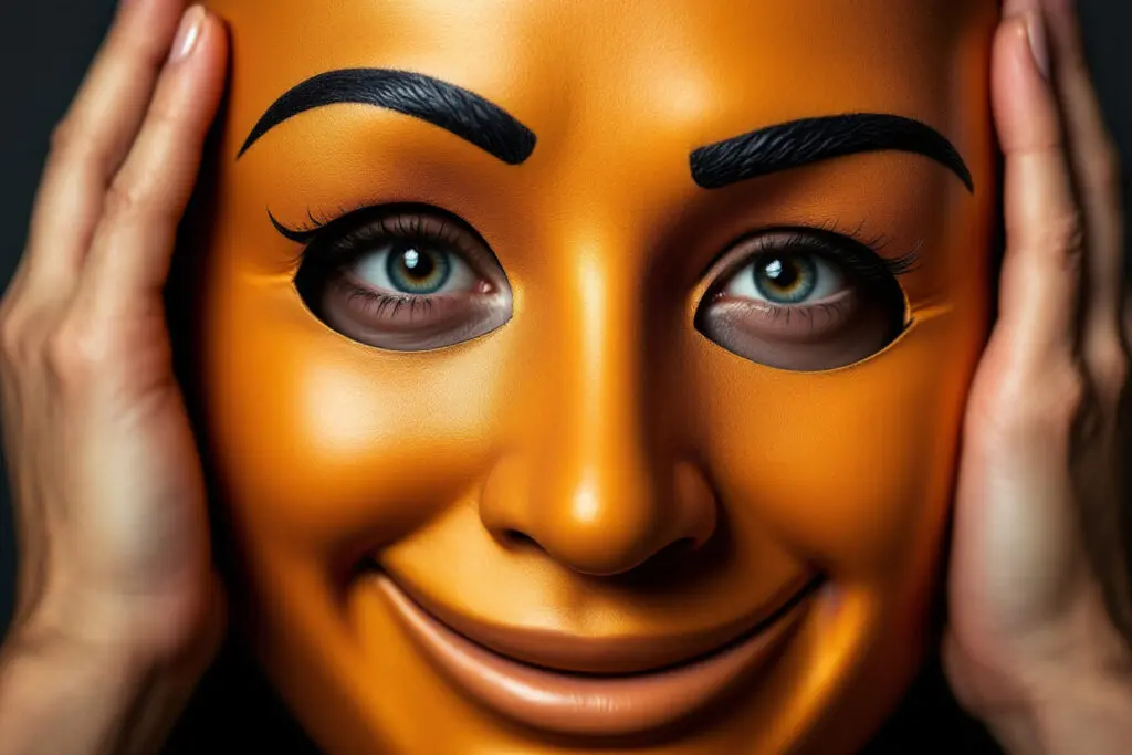 a symbolic photo showing signs your ex is pretending featuring a person holding a smiling mask that fails to hide their sad eyes