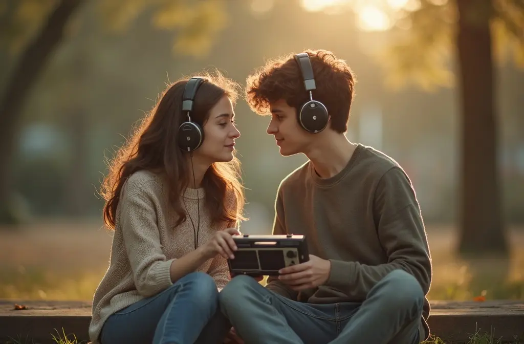 a vintage-style photo of a teenage couple sharing music evoking the memory of what is your first love