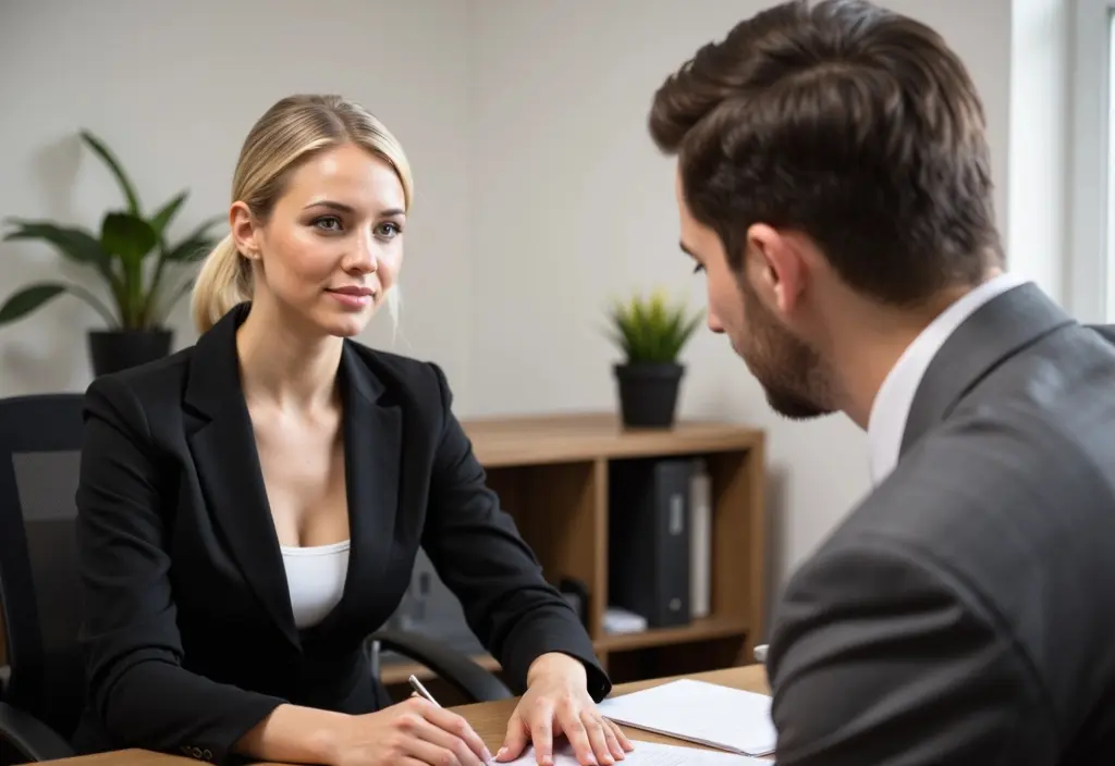 a woman at her desk in an office setting glancing discreetly at a male coworker