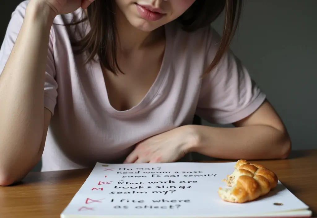 a woman deliberating over ambiguous phrases on a notepad symbolizing her attempt to figure out how to ask a guy what he wants from you over text
