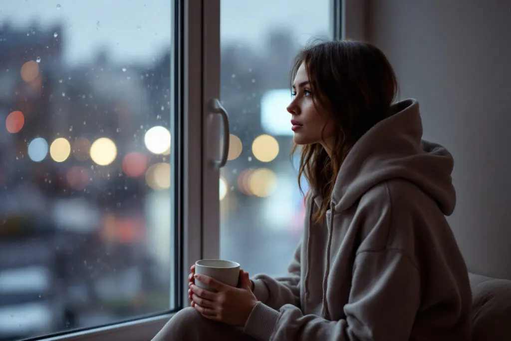 a woman in a mans hoodie looking out a rainy window conveying the feeling of i miss him