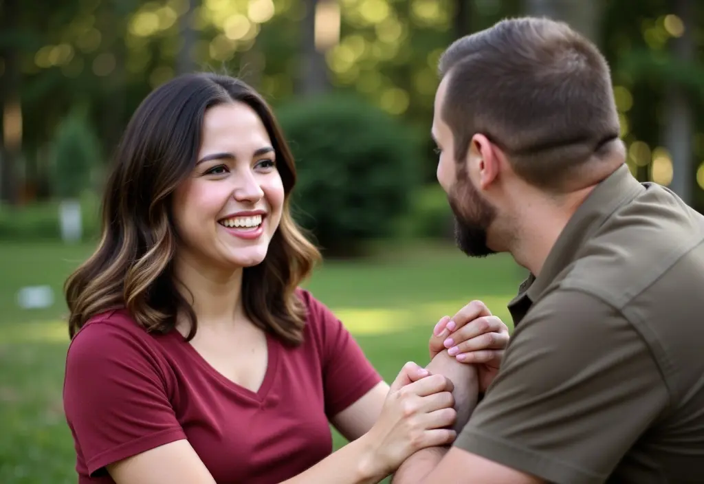 a woman initiating a light playful touch on a mans arm a simple way for how to tell a guy you like him