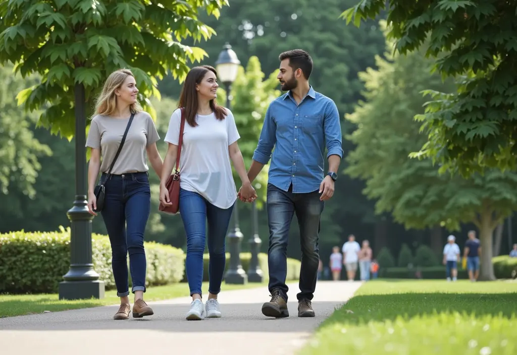 a woman observing a male coworker with another woman in a park appearing sad and confused