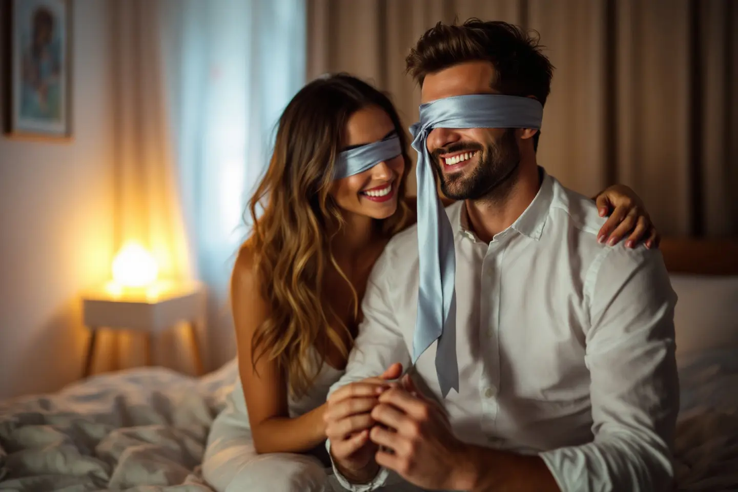 a woman playfully blindfolding her boyfriend with a tie suggesting fun and freaky things to do to your boyfriend