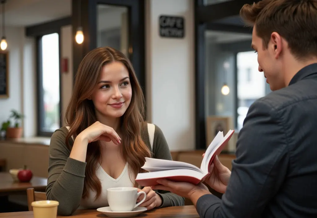 a woman politely using closed-off body language to show a man shes not interested