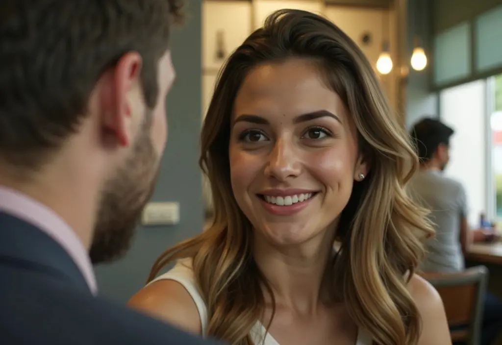 a woman using a confident direct smile and lingering eye contact showing a clear way how to tell a guy you like him