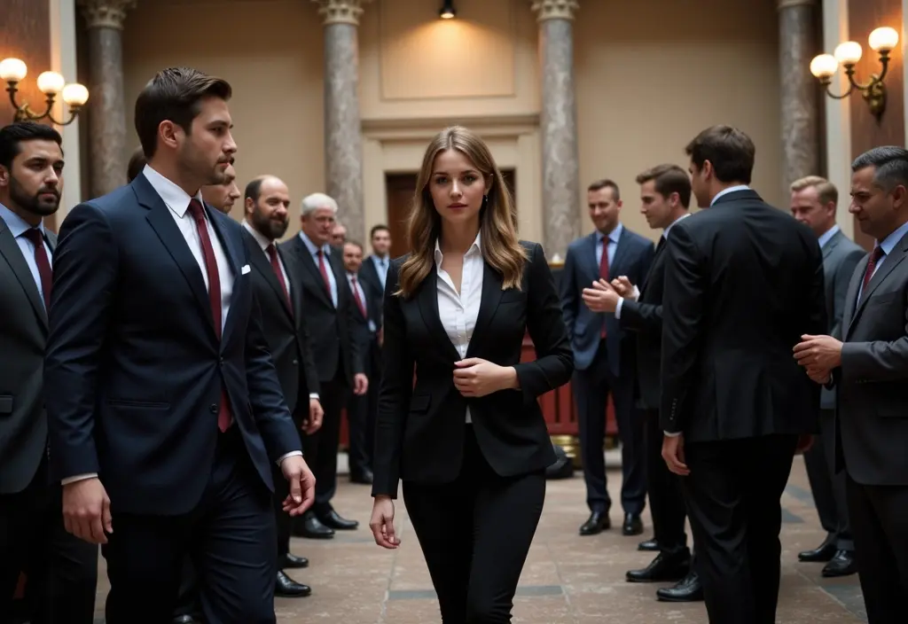 a womans confident entrance causing a subtle shift and apprehension among male colleagues representing the signs you are an intimidating woman