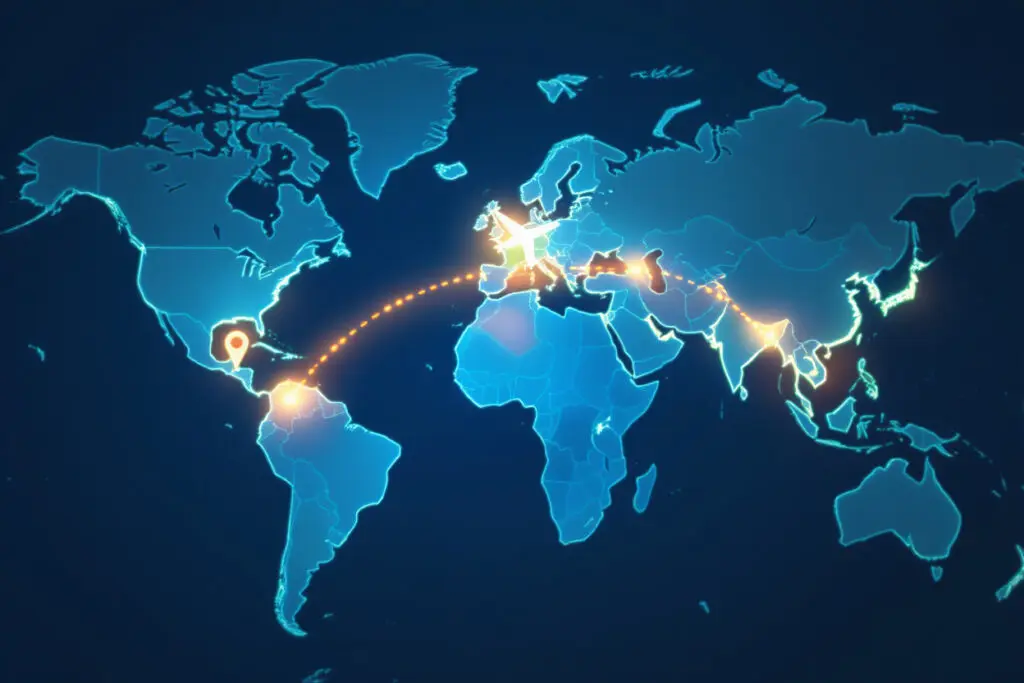 an airplane icon connecting two locations on a world map explaining what does travel mode on bumble mean