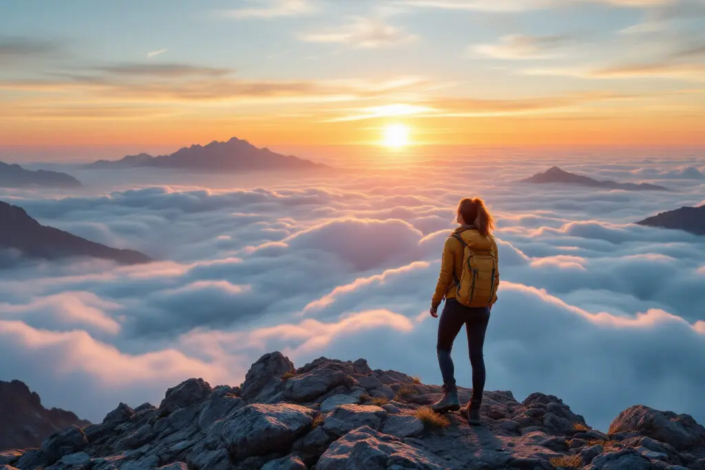 an empowering image illustrating how to get over him showing a woman watching a sunrise from a mountain top symbolizing a new beginning
