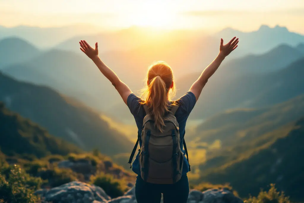 an empowering photo demonstrating how to stop thinking about him with a woman on a mountain peak at sunrise looking towards a new horizon
