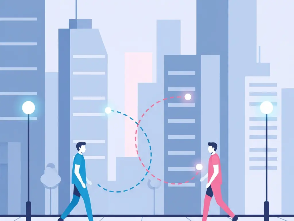 an illustration showing two peoples paths crossing on a street with a digital line connecting them symbolizing how the happn app works to find people youve encountered
