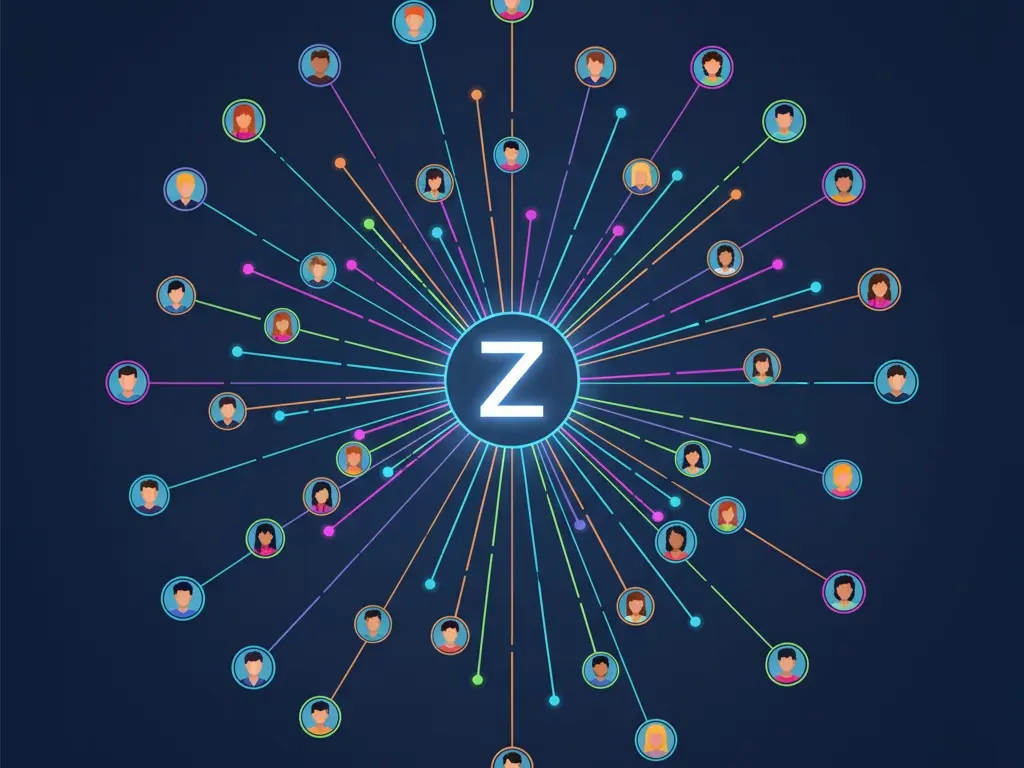 an illustration symbolizing the zoosk dating site with a central icon connecting to a wide network of diverse users representing its behavioral matchmaking algorithm - Dating Man Secrets - Psychology Attraction Tips Revealed an illustration symbolizing the zoosk dating site with a central icon connecting to a wide network of diverse users representing its behavioral matchmaking algorithm