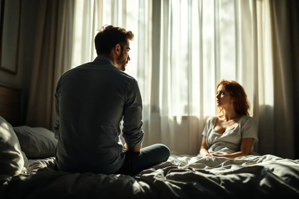 an image depicting emotional distance illustrating why men pull away in a relationship showing a man turned away from a woman in bed