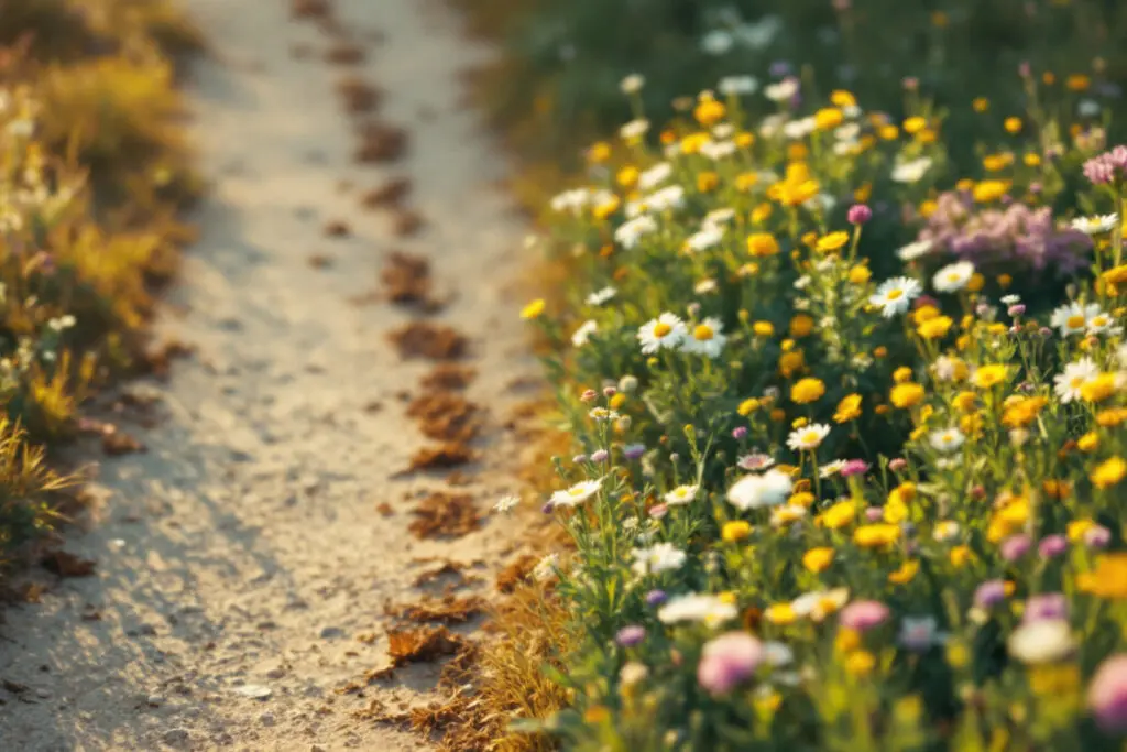 an image showing a mans path gradually turning into a field of flowers symbolizing how men fall in love
