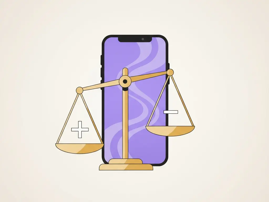 an image symbolizing a review of the badoo app featuring a smartphone placed between a balance scale that is weighing its pros and cons