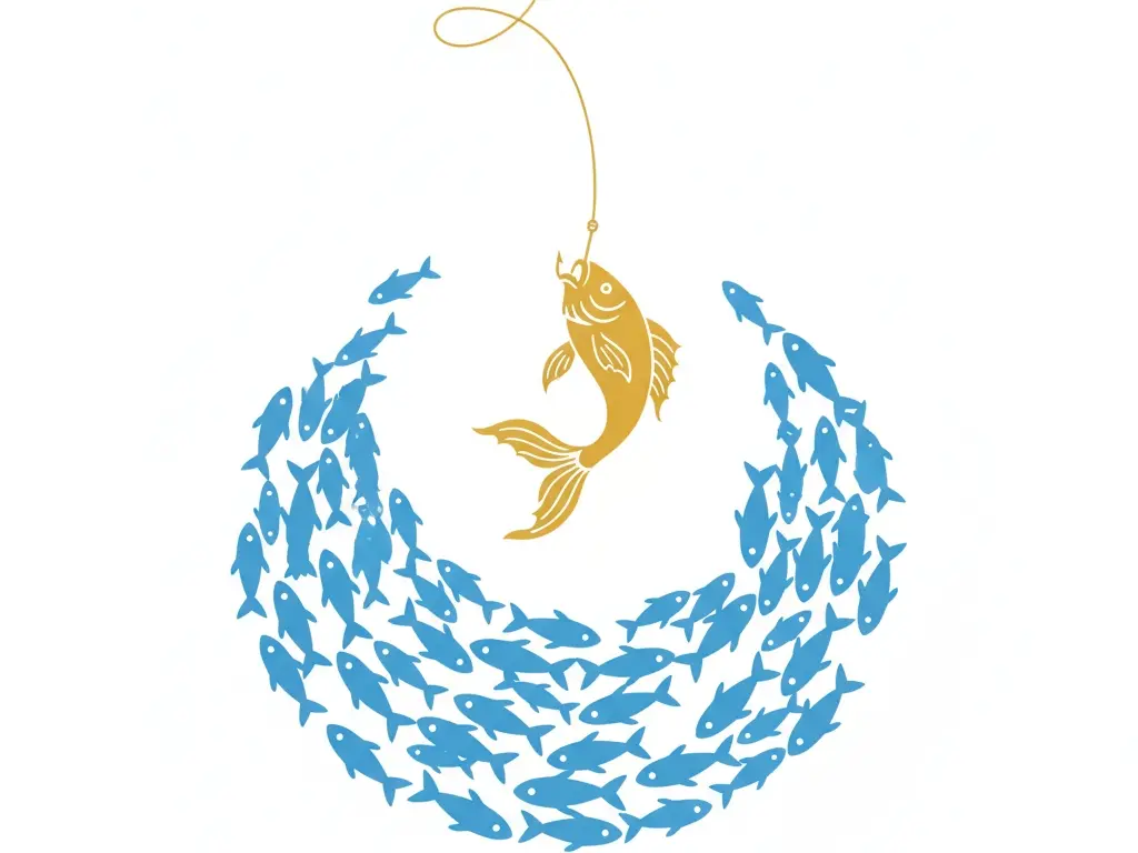 an image symbolizing a review of the plenty of fish dating app with one unique golden fish being chosen from a vast sea of others - Dating Man Secrets - Psychology Attraction Tips Revealed an image symbolizing a review of the plenty of fish dating app with one unique golden fish being chosen from a vast sea of others