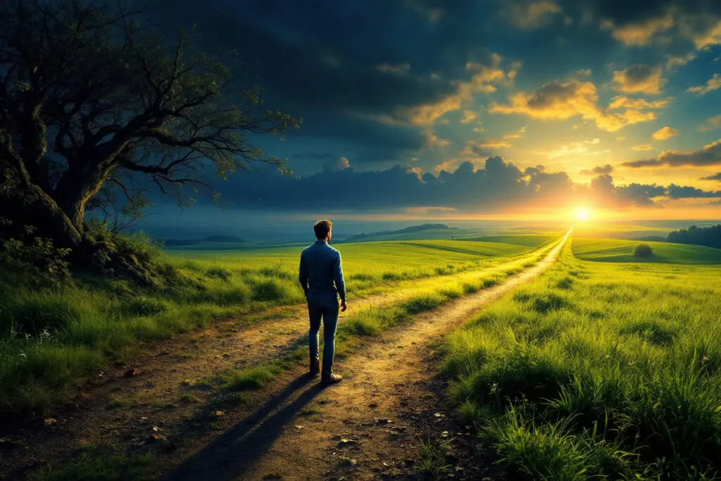 an inspiring image illustrating how to get over him showing a person stepping onto a brightly lit new path away from an overgrown past