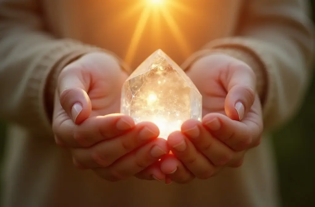 hands holding a flawless clear crystal that creates a rainbow illustrating the pure soul meaning
