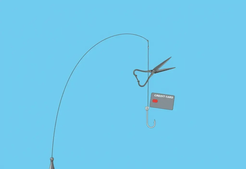 scissors about to cut a fishing line that has hooked a credit card illustrating how to cancel plenty of fish