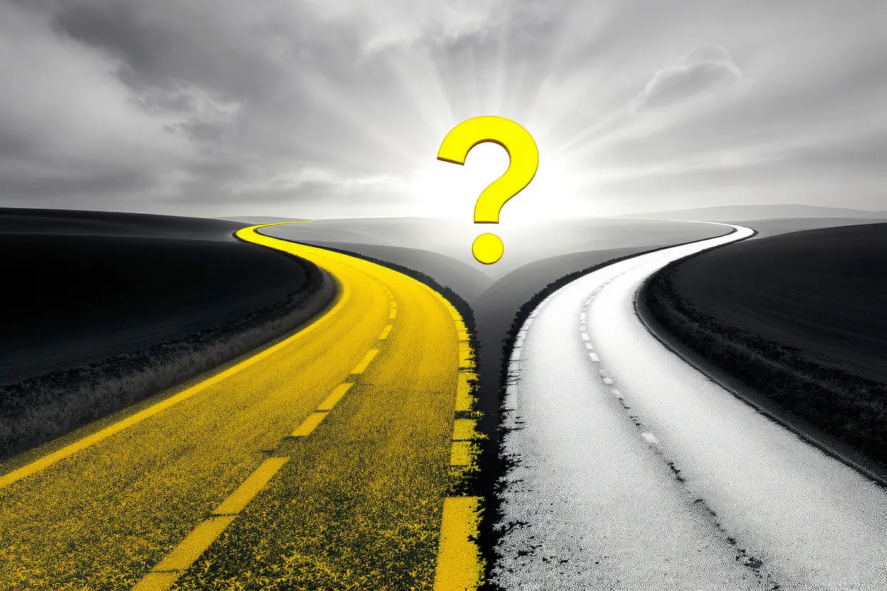 two diverging paths in different colors with a question mark symbolizing the choice of is bumble better than hinge