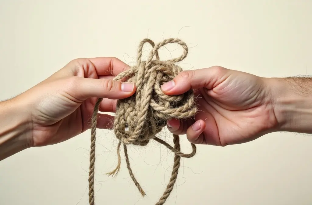 two hands carefully untangling a knotted string showing how to reset a relationship