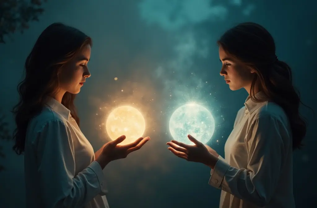 two individuals with synchronously pulsing orbs symbolizing a potential shared connection in dreams