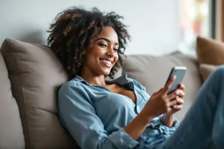 a confident woman smiling at her phone after sending a message embodying the mood to text him first