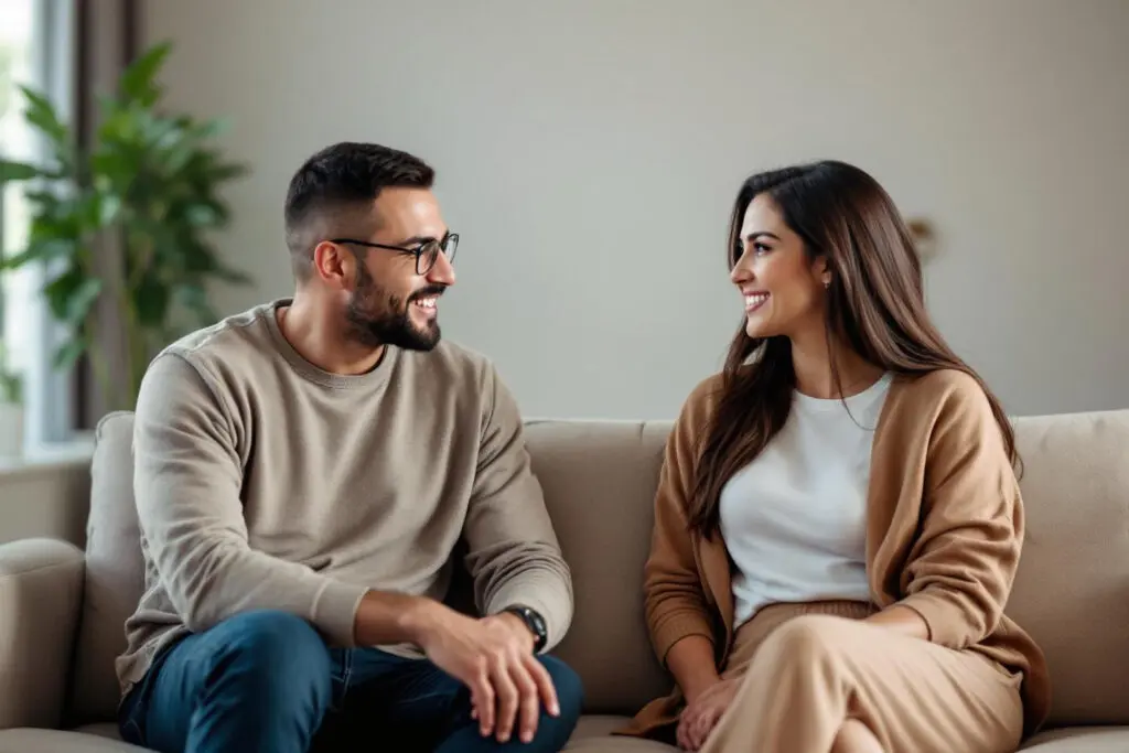 a couple calmly and clearly speaking to each other on a sofa illustrating how to communicate your needs effectively - Dating Man Secrets - Psychology Attraction Tips Revealed a couple calmly and clearly speaking to each other on a sofa illustrating how to communicate your needs effectively