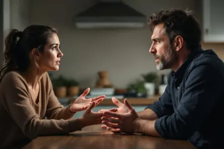 a couple calmly discussing an issue at a kitchen table with open body language showing how to argue constructively