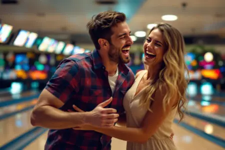 a couple laughing together on a bowling date a perfect example of good second date rules