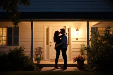 a couple sharing their first gentle kiss on a doorstep a moment often associated with the three-date rule