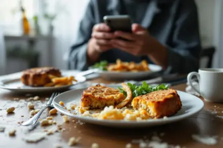 a half-eaten forgotten meal on a table with someone distracted by their phone depicting the feeling of being taken for granted