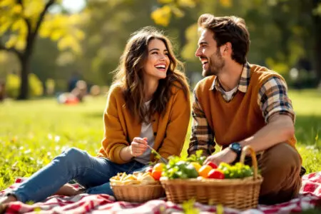 a happy couple enjoying a picnic in the park a simple and effective example of first date ideas