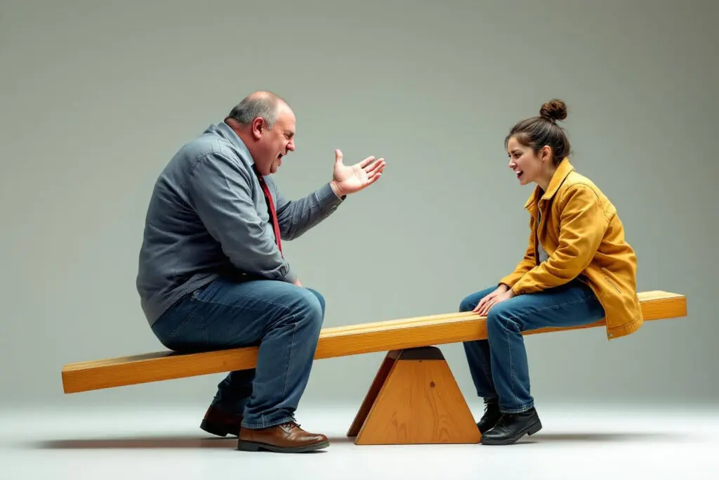 a heavy person on one side of a seesaw keeping a lighter person stuck in the air a metaphor for a one-sided relationship 1 - Dating Man Secrets - Psychology Attraction Tips Revealed a heavy person on one side of a seesaw keeping a lighter person stuck in the air a metaphor for a one-sided relationship 1