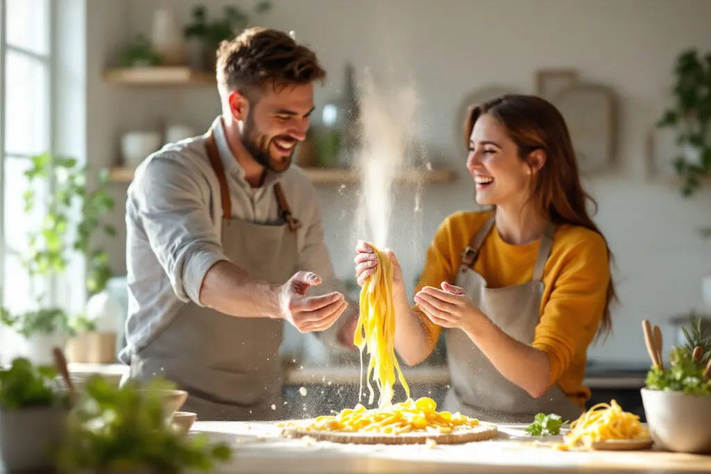 a laughing couple having fun together at a cooking class a perfect activity following second date rules
