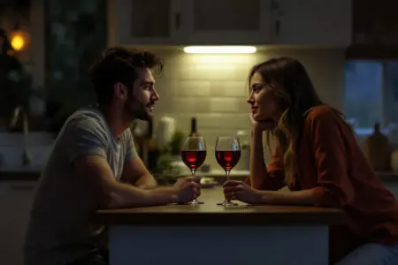 a man and woman in a kitchen with ambiguous disconnected body language visually explaining what is a situationship