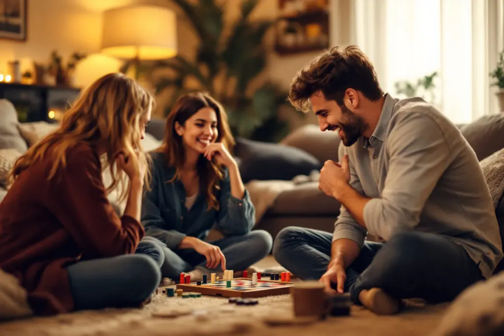 a man fitting in perfectly during a game night showing a successful moment to introduce him to friends