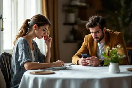 a man ignoring his date by looking at his phone a clear visual of first date red flags