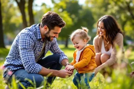 a man kindly interacting with a child in a park while the mother watches representing the experience of dating a single mom