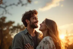 a man looking at his laughing girlfriend with pure awe a visual representation of dating a perfect woman from his perspective