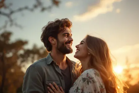 a man looking at his laughing girlfriend with pure awe a visual representation of dating a perfect woman from his perspective