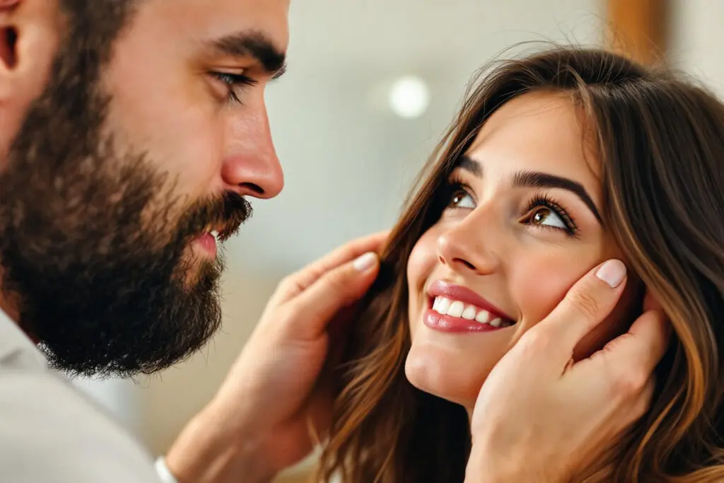 a man tenderly adjusting his girlfriends hair while she gazes lovingly at him a visual of dating a perfect woman from his view - Dating Man Secrets - Psychology Attraction Tips Revealed a man tenderly adjusting his girlfriends hair while she gazes lovingly at him a visual of dating a perfect woman from his view