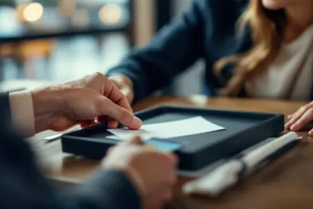 a mans credit card on the bill tray while a woman smiles appreciatively depicting a scenario of who should pay on the first date