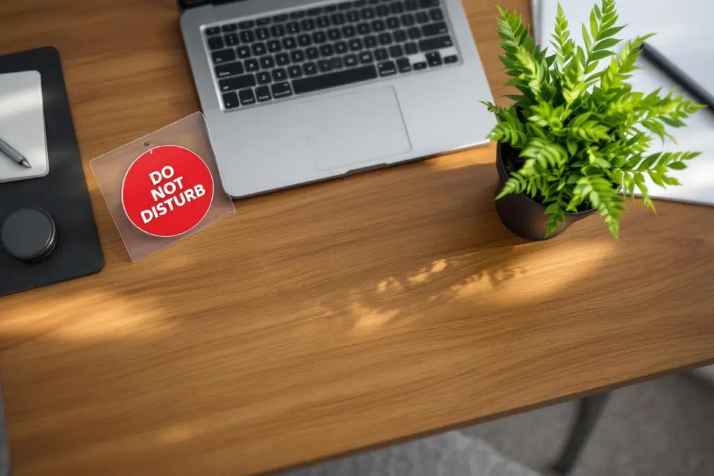 a neatly organized personal workspace with a do not disturb sign symbolizing healthy boundaries for personal space - Dating Man Secrets - Psychology Attraction Tips Revealed a neatly organized personal workspace with a do not disturb sign symbolizing healthy boundaries for personal space