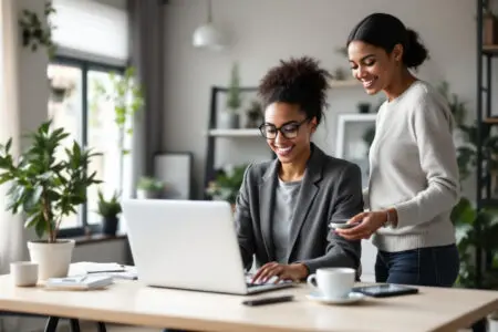 a partner supporting a focused successful woman working in her home office illustrating the dynamic of dating an ambitious woman - Dating Man Secrets - Psychology Attraction Tips Revealed a partner supporting a focused successful woman working in her home office illustrating the dynamic of dating an ambitious woman