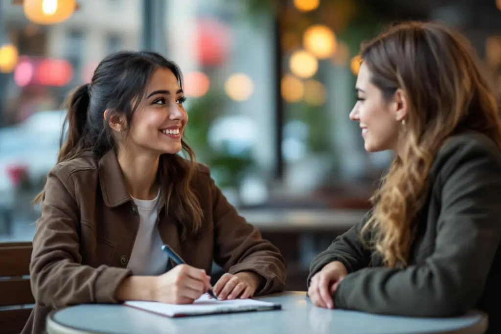 a person clearly expressing thoughts on a notepad to a listening partner symbolizing how to communicate your needs - Dating Man Secrets - Psychology Attraction Tips Revealed A person clearly expressing thoughts on a notepad to a listening partner, symbolizing how to communicate your needs